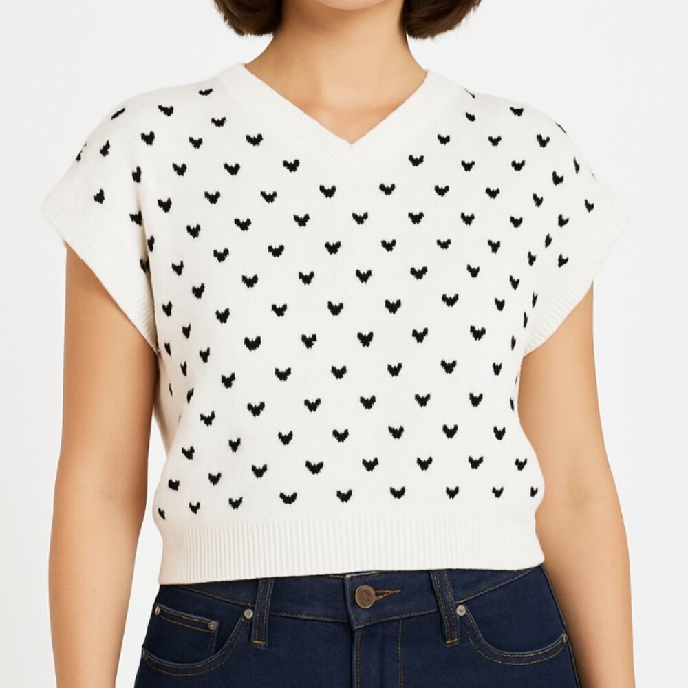 Free People East Street Ivory & Black Pattern Knit Sweater Boxy Crop Vest M NWT